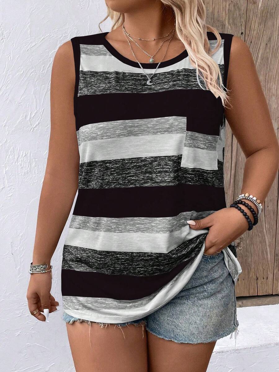 Plus Size Round Neck Striped & Floral Print Short Loose Knit Vest Graphic Tees Women Tops - Black - View 1