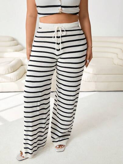 Solflare Plus Size Colorblock Sweater & Pants Set,Summer Holiday Outfits,Spring Break Outfits,Carnival Women Look 2026,Going Out Outfits,Beach Outfit, Casual,Striped Print