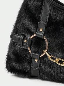 ROMWE Grunge Punk Túi đeo vai giả lông thú phong cách Y2K với chi tiết dây xích, túi hobo lông xù phong cách Punk Gothic, túi xách thời trang đường phố. - màu đen - Xem 5