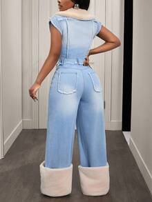 Slaydiva Women's Furry Shawl Collar Button Design Fringe Denim Jumpsuit - Blue - View 2