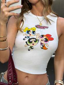 THE POWERPUFF GIRLS X SHEIN Women's Casual Summer Blossom, Bubbles, Buttercup Pattern White Cropped Tank Top,Outwork/Vacation - White - View 6