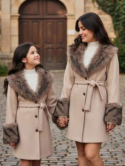 SHEIN Girls Casual Warm Plush Collar Belted Mid-Length Plush Coat, Fashionable Daily Wear, Autumn/Winter