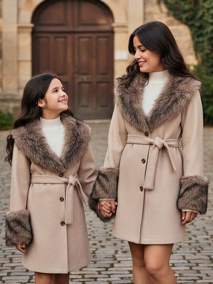 SHEIN 女童休闲保暖毛绒领系带中长款毛绒外套，时尚日常穿着，秋冬 - 杏色 - 查看 1