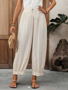 EMERY ROSE Women's Casual Vacation & Commute Striped Print Drawstring Waist Slant Pocket Loose Straight Leg Pants Summer Vacation Outfits Women Summer Holiday Outfits Vacation Outfits For Women Boho Pants Wide Leg Summer Pants Pleated Pants Tassel Pants - Coffee Brown - View 6