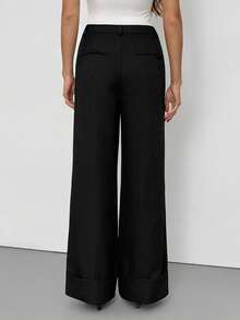 SHEIN Tall 女士灰色纯色人字纹编织纽扣口袋简约低腰长裤，适合通勤、休闲、时尚穿搭、复古风格、办公穿着 - 黑色 - 查看 3