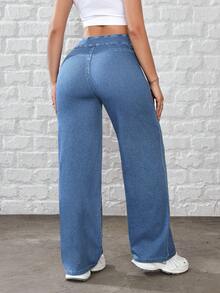 Flexra Women's Casual Washed High Waist Straight Leg Jeans - Medium Wash - View 2