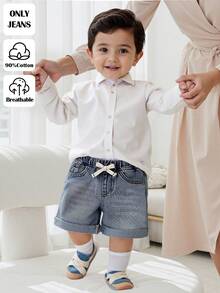 SHEIN Quần short jean denim màu xanh dương kiểu cổ điển, mềm mại, dễ thương cho bé trai, có dây rút ở eo và túi, thích hợp mặc hàng ngày và đi học, phong cách đường phố, Giáng sinh, Năm mới, bộ sưu tập thời trang, quần short jean, quần short jean denim cho bé 2 tuổi, phong cách thường ngày, quần jean họa tiết, quần short denim họa tiết thập niên 2000, thích hợp cho Lễ tình nhân, đi biển, dự tiệc, kỳ nghỉ. - Rửa nhẹ - Xem 9