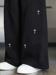 PAVTROS Men's Cross Embroidery Casual Loose Wide Leg Pants - Black - View 7