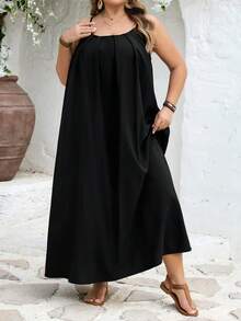 SHEIN CURVE+ 加大码/情人节/大码女式纯色露背度假风宽松舒适连衣裙，沙滩裙，太阳裙，波西米亚风连衣裙 - 黑色 - 查看 7