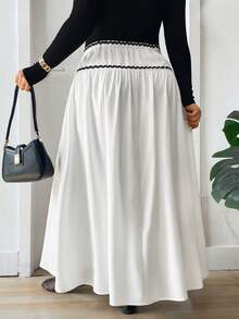 Lounesse Plus Size Women's Black And White Elegant Autumn Tea Party Contrast Design Ruffle Hem Long Skirt,Elastic Waist Boho Slip Skirt For Casual Vacation - Black and White - View 2