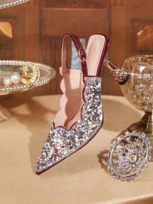 CUCCOO TILAWA 女士优雅水钻装饰高跟鞋 - 闪亮派对鞋，适合晚宴、婚礼等正式场合 - 时尚舒适，适合正式活动 - 无后跟绑带设计 - 完美搭配女士时尚、女士高跟鞋、女士奢华高端鞋履、女鞋 - 酒紅色 - 查看 3