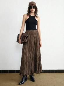 Ontre 2026 SS Women's Solid Color Skirt, Fashionable For Spring/Summer, Suitable For Business Casual, Office Wear, Low-Key Vintage Style, Urban Commuter Airport, Brown Skirt, Comfortable Versatile Casual Fashionable Women Skirt