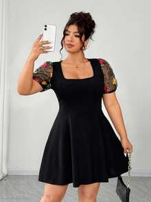 Elenzga Plus Size Women Solid Color Knit Patchwork Mesh Crew Neck Puff Sleeve Waist Cinched Elegant Dress - Black - View 3