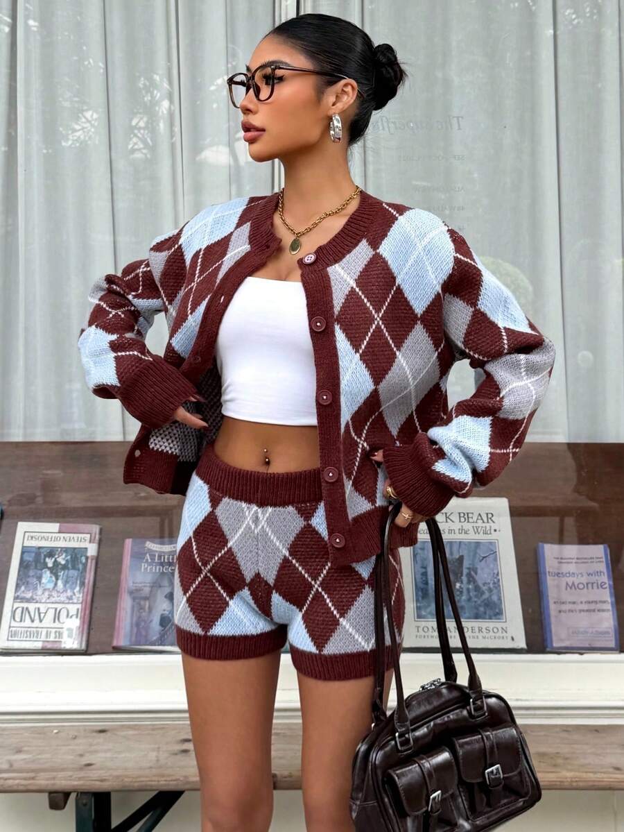 Muchica 两件套学院风菱形提花针织开衫套装 - 彩色 - 查看 1