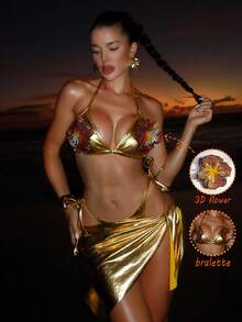 Swim SXY 3pcs/Set Women's Sexy Gold PU Leather Bikini + Gold Beaded 3D Floral Decor + Matching Twist Waist Mini Skirt, Spring/Summer