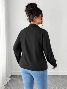 Elenzga Blusa básica y versátil de manga larga, de un solo pecho, de unicolor, para mujer de talla grande, para uso casual y laboral - Negro - Ver 3
