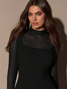 SHEIN BAE 酒红色高领长袖露背泡泡袖优雅连衣裙，适合浪漫约会、宴会、优雅外出、派对、婚礼宾客、圣诞派对、节日盛装等场合。 - 黑色 - 查看 6