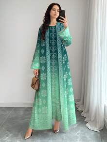 SHEIN Najma 女士几何图案绿色渐变印花长袖休闲阿拉伯风格套装，春秋季 - 彩色 - 查看 3