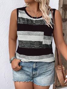 Plus Size Round Neck Striped & Floral Print Short Loose Knit Vest Graphic Tees Women Tops - Black - View 4