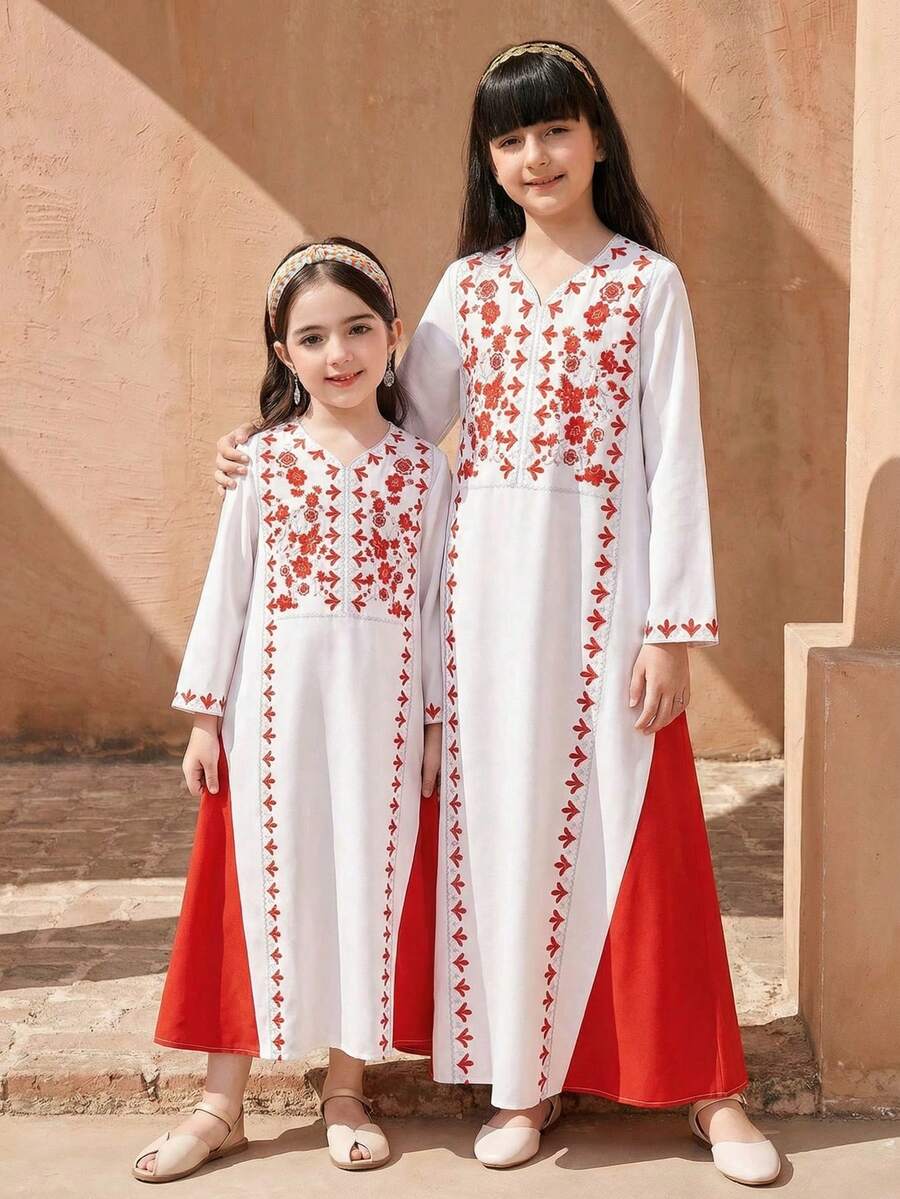 SHEIN Young Girl Print Color Block Long Sleeve A-Line Dress - White - View 1