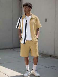 SHEIN Vacaura Bộ 2 món cho bé trai, áo tay ngắn phối màu tương phản và quần short màu trơn. - Màu Khaki - Xem 3