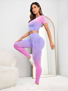 Easithlete Ombre Print Tummy Control Sports Set Workout Women Setwomen Workout Set - Pink - View 4