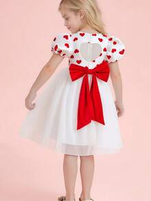 Glamorique Kids Valentine's Day Heart Print Mesh Patchwork Bow Decor Puff Sleeve Party Dress For Young Girls - White - View 4