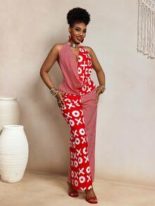 BamGleam 休闲度假风拼接水波纹印花露背系带吊带上衣搭配松紧腰宽松阔腿连体裤（女款） - 紅白色 - 查看 5