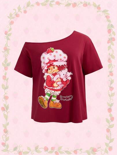 Strawberry Shortcake | ROMWE Spring / Summer Plus Size Casual Cartoon Figure Graphic Asymmetric Shoulder Short Sleeve T-Shirt