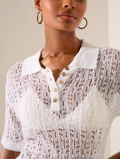 Lilora Women's Turndown Collar Button Half Placket Hollow Casual Versatile Commuting Knit Short Sleeve Top