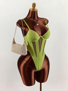 Amplova 女士网眼拼接性感吊带背心 - 綠色 - 查看 4