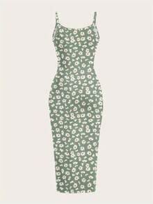 SHEIN EZwear Casual Minimalist Full-Length Bodycon Camisole Dress, Suitable For Summer With Daisy Print Fitted Summer Dress Green Summer Dress Wildflower Dress Carnival - Multicolor - View 5