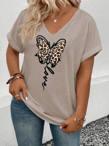EMERY ROSE New Plus Size Women Fashion Leopard Print Bow V-Neck Short Sleeve Top T-Shirt - Khaki - View 5