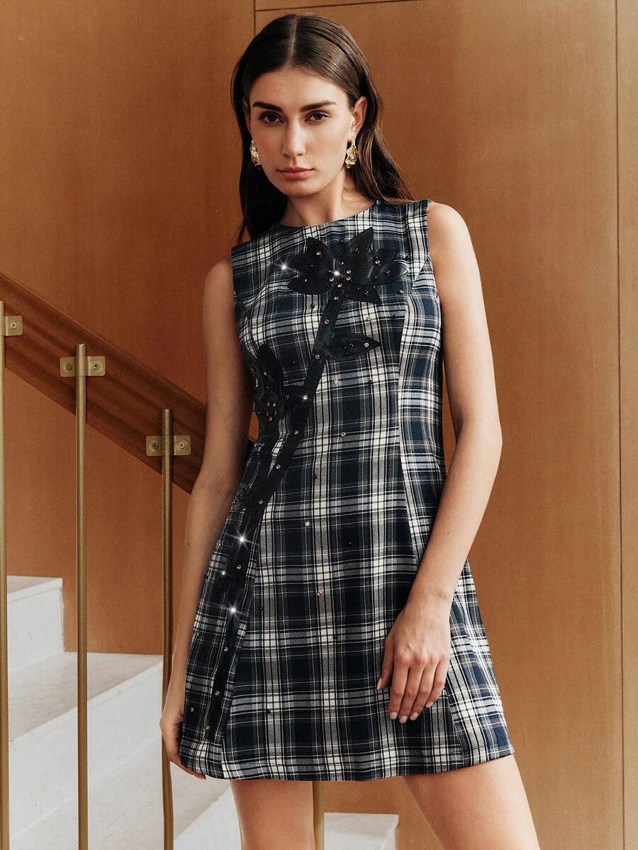 Anewsta Vestido elegante y lujoso de mujer con perlas y tachuelas de PU - Azul - Ver 1