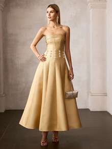 MOTF PREMIUM FORM-FITTING STRAPLESS MAXI PARTY GOWN, STIFF LUSTROUS FABRIC, CHEST RUCHING & WAIST FAUX PEARL EMBELLISHMENT BACK LACE-UP DESIGN DRESS, IDEAL FOR WEDDINGS, GALAS & FORMAL EVENINGS, STYLE WITH STRAPPY HEELS & DAINTY JEWELRY - Yellow - View 5
