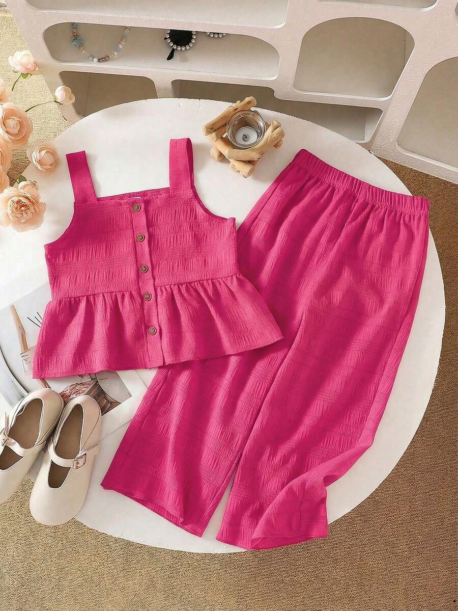 SHEIN Genkimix Kids 两件套女童休闲纹理面料吊带背心和阔腿裤套装 - 玫紅色 - 查看 1