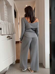 Napfluff CURVE Women's Gray Oblique Shoulder Pleated Comfortable Casual 2 Pieces Pajama Set - Grey - View 4