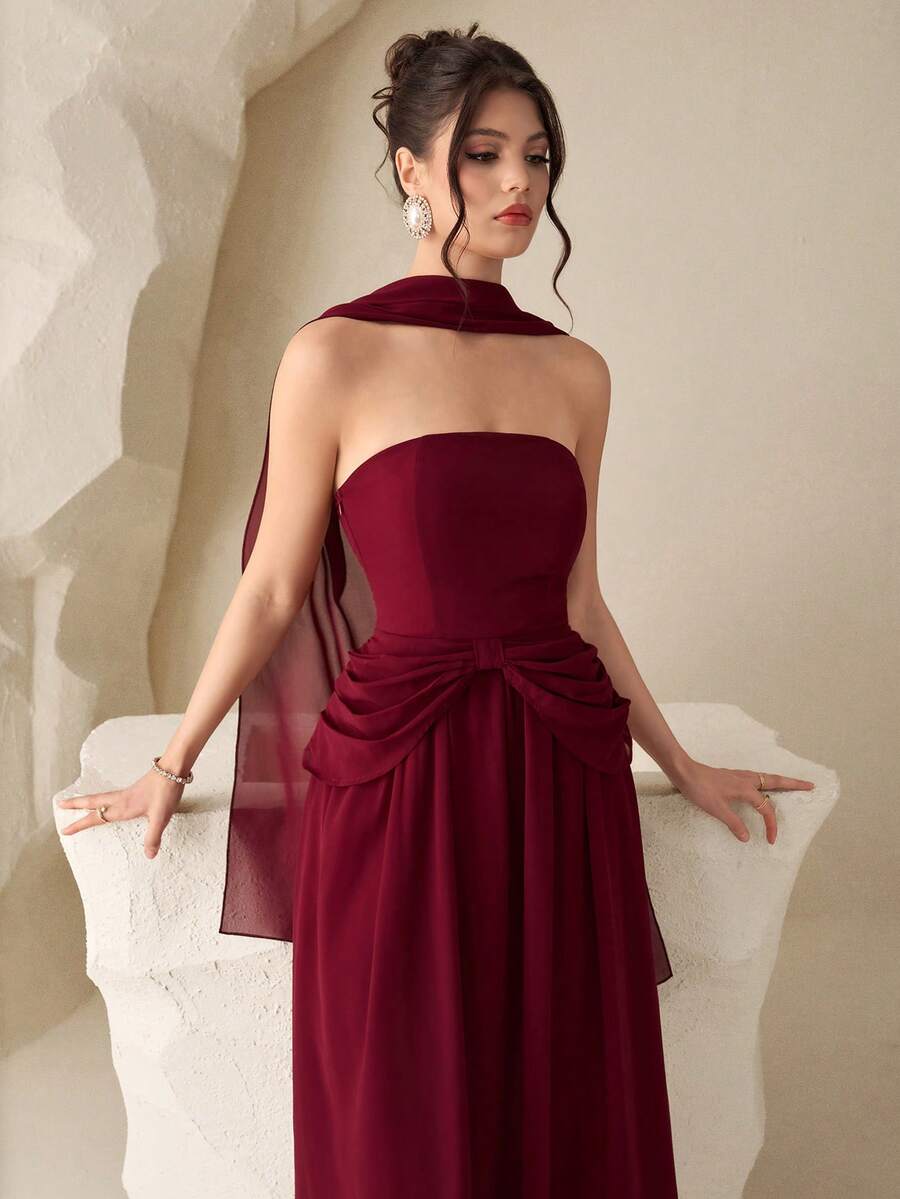 Modelyn Women's Elegant Strapless Ruffle Trim Slim Fit Dress - Burgundy - View 1