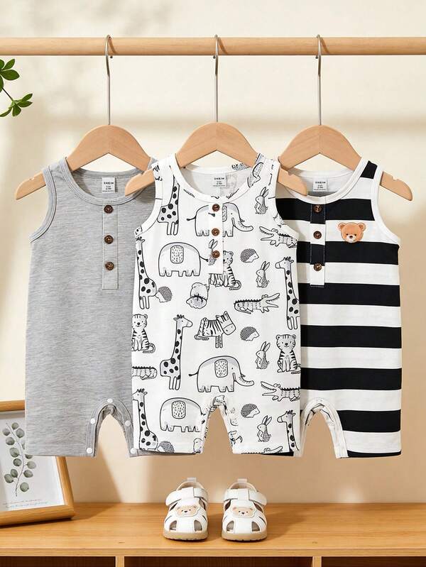 男婴无袖连体衣三件套，动物印花款（可爱俏皮）、纯灰色款（简约百搭）、黑白条纹小熊款（萌趣十足），面料柔软，适合夏季穿着，尺码6个月至3岁