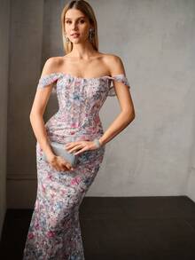 MOTF PREMIUM ELEGANT OFF SHOULDER MAXI MERMAID GOWN WITH RANDOM FLORAL BEADED FABRIC, BACK LACE-UP & FORM-FITTING SILHOUETTE PERFECT FOR FORMAL EVENTS & ROMANTIC PARTIES - Baby Pink - View 5