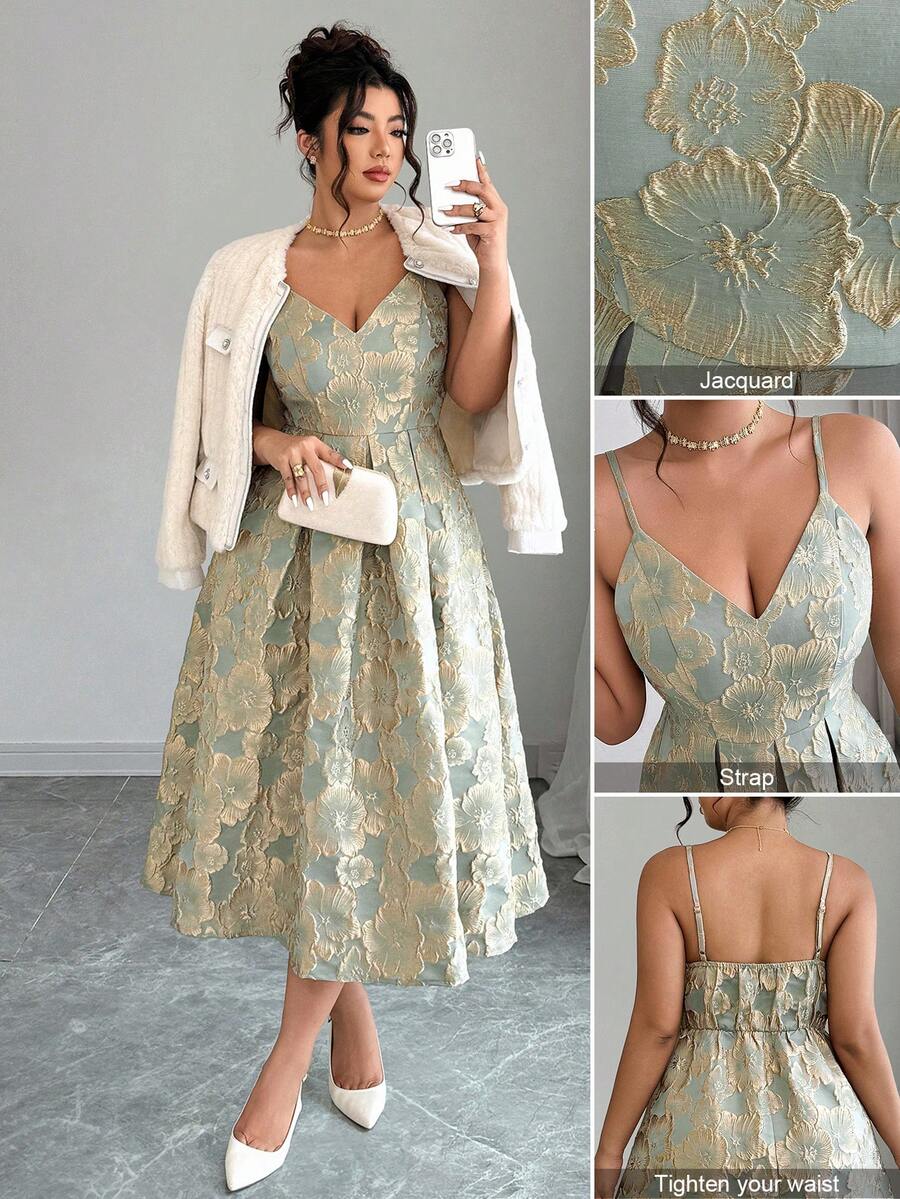 SHEIN PETITE CURVE 大码女士优雅提花吊带连衣裙，适合婚礼宾客、秋冬季穿着 - 綠色 - 查看 1