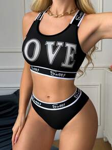 2pcs Comfortable Letter Patchwork Bra Set - Black - View 4