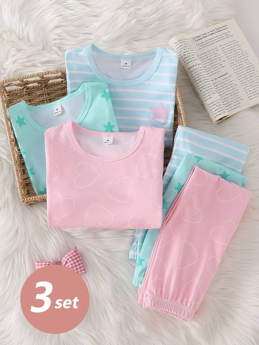 6pcs/Set Girls Minimalist Star Heart Striped All-Over Print Round Neck Short Sleeve & Long Sleeve Top And Pants Soft Pajamas Homewear Set - Multicolor - View 1