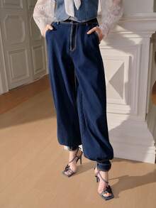 Anewsta Savoree 女士时尚牛仔哈伦裤，秋季款 - 藍色 - 查看 3