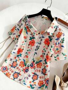 Franclia Áo kiểu nữ tay ngắn cổ lệch dáng thời thượng năm 2026 - Họa tiết hoa trừu tượng, cài cúc phía trước, kiểu dáng tối giản dễ mặc, phù hợp cho công sở, du lịch hoặc nghỉ dưỡng. - Nhiều màu - Xem 4
