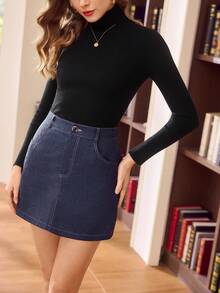 Vintamour Falda vintage clásica y elegante para mujer, falda azul marino con efecto de mezclilla ajustada, con botones metálicos y bolsillos - Azul Marino - Ver 7