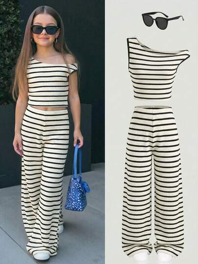 Conjunto informal de vacaciones para niña preadolescente con camiseta de punto jacquard a rayas de hombro asimétrico y pantalones rectos a juego a rayas de punto, conjunto de regreso a la escuela, rayas rojas y blancas
