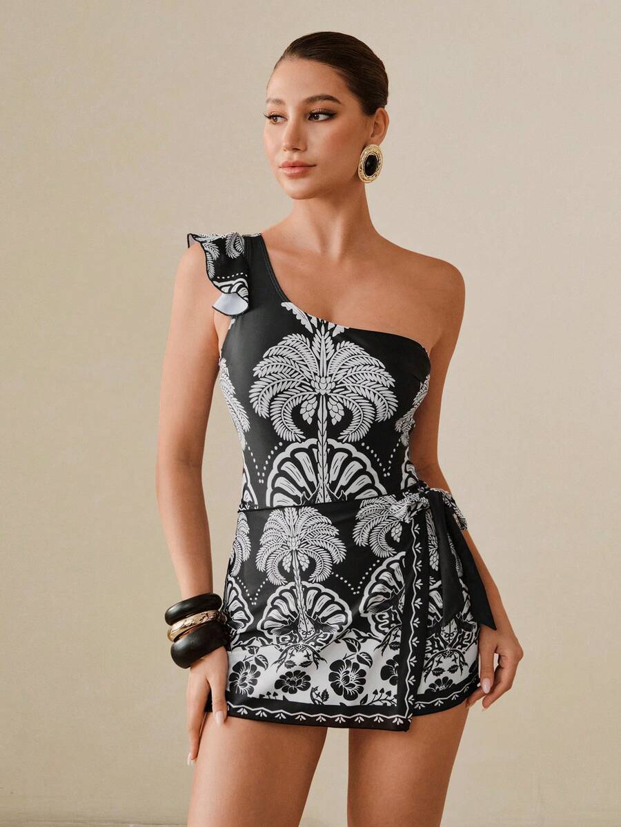 Swim Oasis 女士夏季海滩度假热带印花荷叶边袖口裹身系带连体泳衣 - 黑與白 - 查看 1