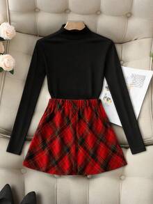 GlowEve CURVE Top à manches longues en tricot de couleur unie élégant et polyvalent pour femmes grandes tailles, pour le travail ou les occasions décontractées. Jupe plaid vintage française convenant pour la remise des diplômes, les trajets domicile-travail et les occasions décontractées. Jupe à carreaux rouges classique pour femmes. - Multicolore - Voir 2