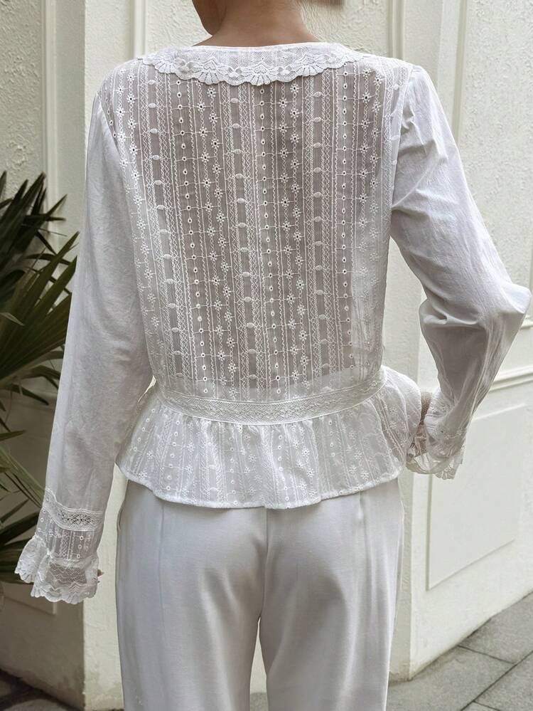 Lace Scalloped Hollow Out Casual Women Shirt